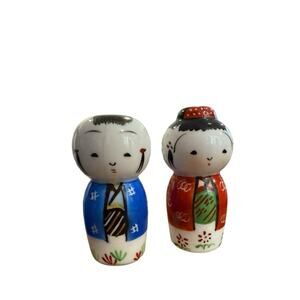 Kokeshi Salt and Pepper Shakers Boy and Girl Ceramic With Stoppers Painted